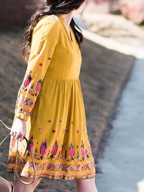 Anthropologie Floreat Raella Embroidered Tunic Dress Marigold Yellow Sz Lg
